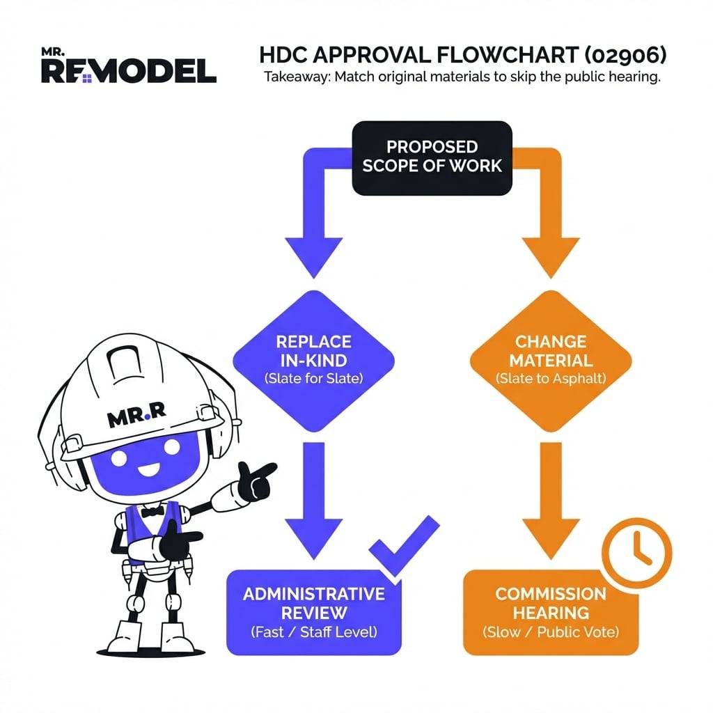  A flowchart titled "Providence Historic District Approval" shows that replacing materials in-kind leads to a fast Administrative Review, while changing materials triggers a slower Commission Hearing.